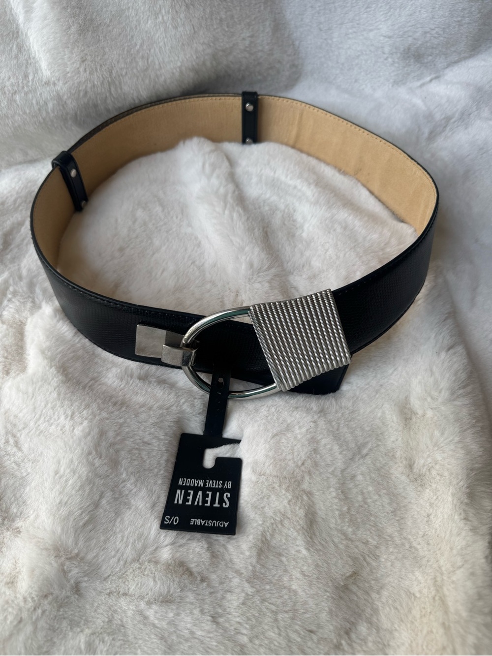 Steve Madden Black Wide Leather Belt with Silver Buckle OS